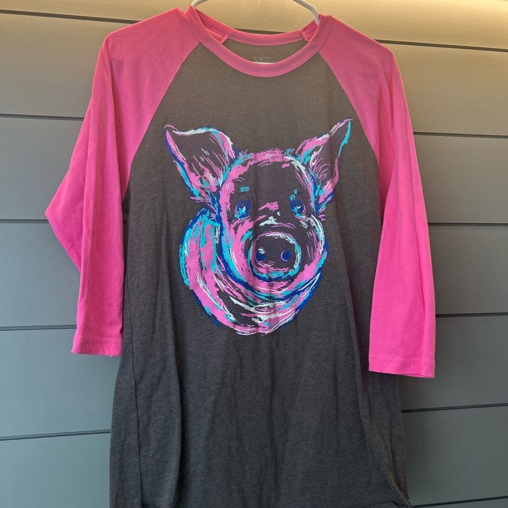 Crazy Train Gray Tee with Pink Trim and Pig Graphic, Size M.